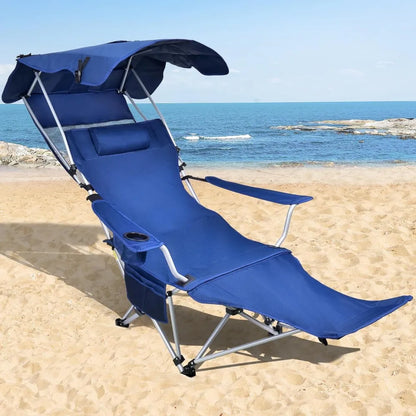 Silla de playa reclinable con toldo y reposapiés, silla de playa con dosel, bolsillo de almacenamiento para acampar, playa, portones traseros, pesca