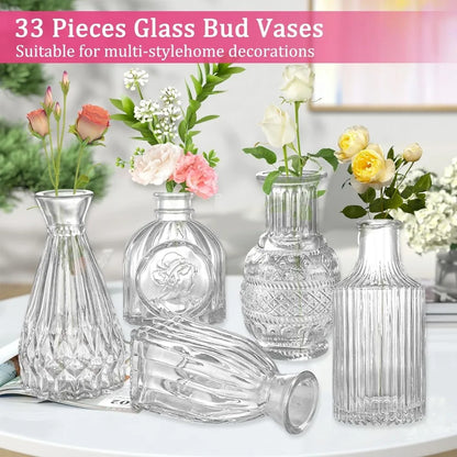 Glass Bud Vase Set of 33 Pcs, Small Vases for Rustic Wedding Centerpieces, Mini Vases Bulk Home Table Flower Decor, Clear Vases