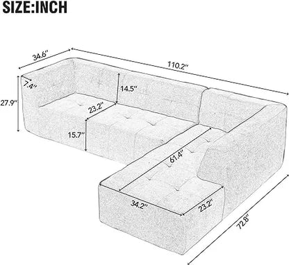 Sofá modular seccional en forma de L de chenilla, cómodo sofá Cloud de 3 plazas con otomana/chaise longue y 5 almohadas para sala de estar y dormitorio