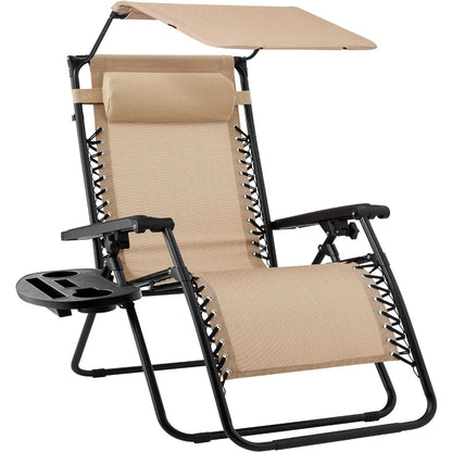 Chaise de plage pliante, pare-soleil réglable, appui-tête et plateau d'accessoires latéral, chaises longues d'extérieur toutes saisons.