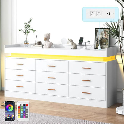 Bedroom Dresser, Drawer Dresser with LED Lights, Modern Chest of Drawers with Power Outlet, Organizer Cabinet for Bedroom, White