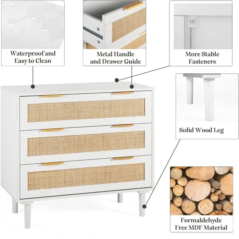 3 Drawer Dresser for Bedroom, Rattan Dresser Modern Closet Dressers Chest of Drawers, Wood Black 3 Drawer Storage Chest