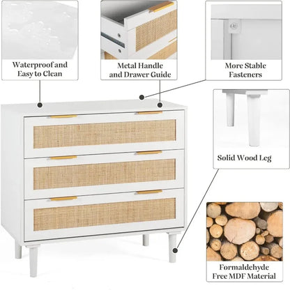 Cómoda de 3 cajones para dormitorio, cómoda de ratán moderna, cómoda de armario, cómoda de madera negra con 3 cajones