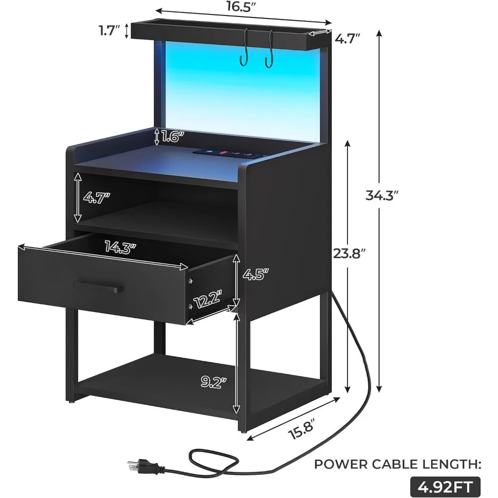 Nightstand with Charging Station and LED Lights, Nightstands with Drawer, End Side Table with Open Storage Shelves, Nightstand