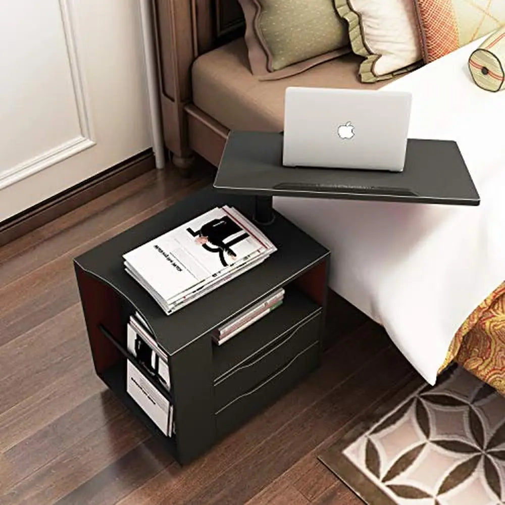 Adjustable Nightstand Table with 2 Drawers Bedroom Furniture Storage Chest Swivel Top Panel Movable Side Table E1 Grade Particle