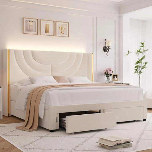 Marco de cama Queen con LED y 2 cajones de almacenamiento de madera maciza, soporte de listones de madera maciza, no necesita somier, marco de cama Queen