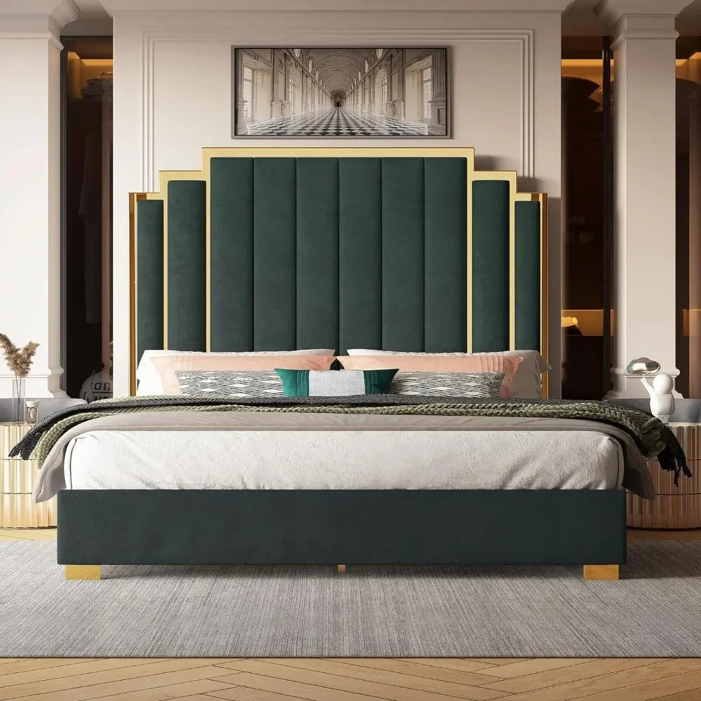 King Size Platform Bed Frame, 65" Velvet Upholstered Bed with Gold Trim Headboard/Wooden Slats/No Box Spring Needed/Green