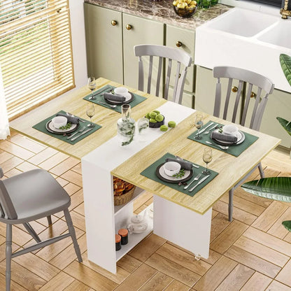 Mesa de comedor plegable, mesa de comedor versátil con 6 ruedas y 2 estantes de almacenamiento, mesa que ahorra espacio, mesa de cocina plegable