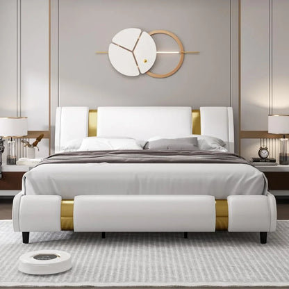 Platform bed frame, upholstered in faux leather, gold iron metal upholstery, adjustable curved headboard platform bed frame