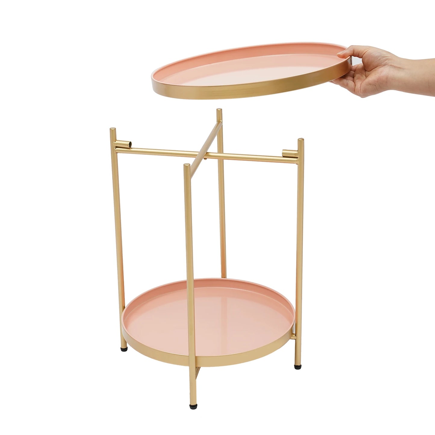 2-Tier End Table Folding Metal Round Side Table with Removable Tray for Living Room (Black/Gold/Golden Pink)