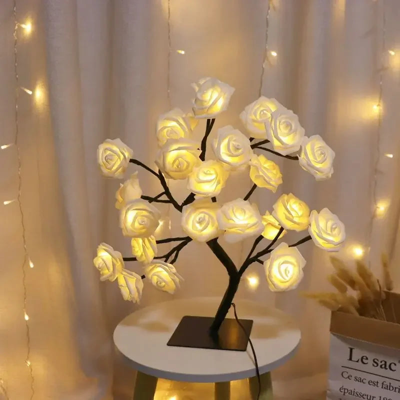 Lámpara de mesa con forma de árbol de flores, 24 cabezas, rosas, luces de noche de escritorio de hadas, funciona con USB, regalos para bodas, San Valentín, decoración navideña