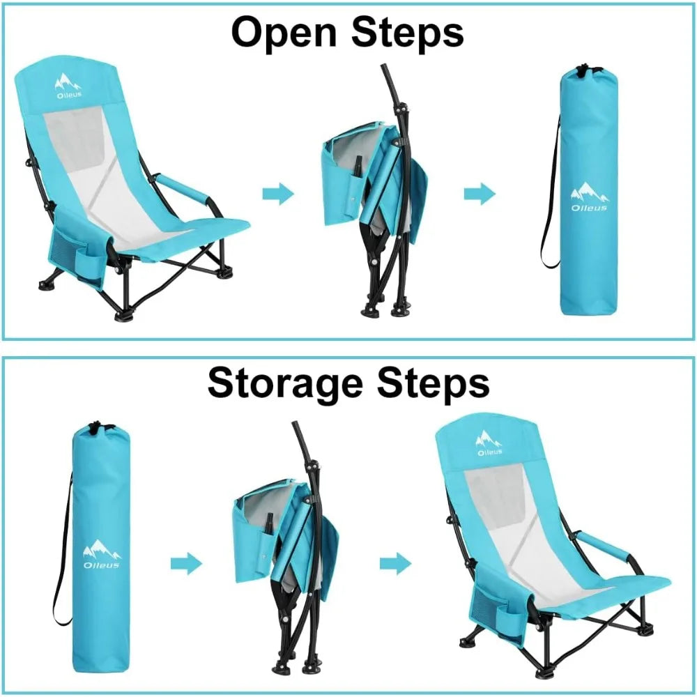 Folding Portable Beach Chair, High Back Low Seat Lightweight Chairs for Beach Tent & Shelter & Camping, Full Mesh Back