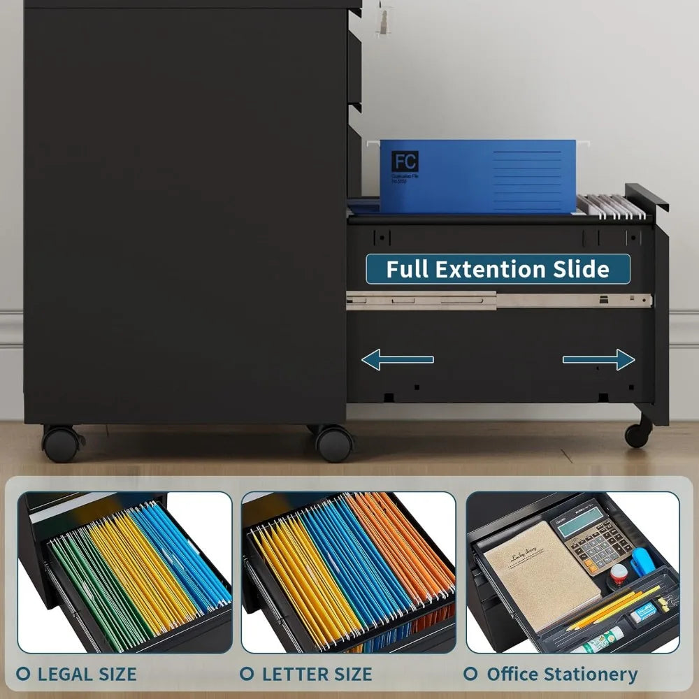 File Cabinet 3 Drawers on Wheels Under Desk, Black Metal Rolling File Cabinets with Lock for Home Office