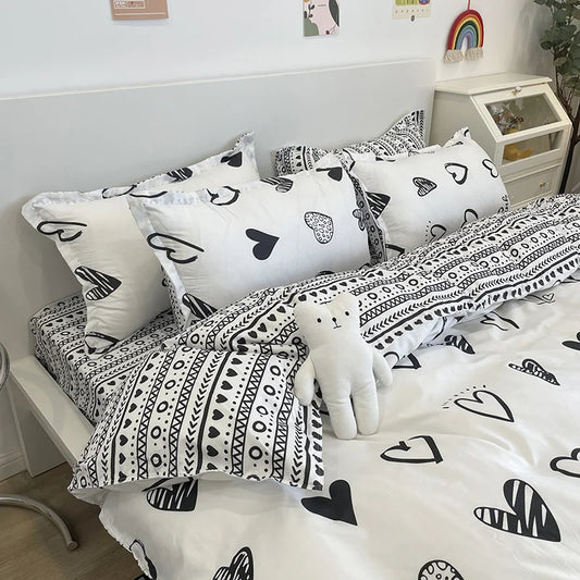 Juego de cama con diseño de corazón de amor en blanco y negro, ropa de cama sencilla, funda de edredón para pareja, colcha y funda de almohada para adultos