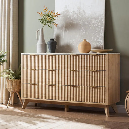 Fluted 5/6 Drawers Dresser, 54" Wide Modern Chest of Drawers with Faux Marble Top, Curved Profile Design,TV Stand, Wood Drawer