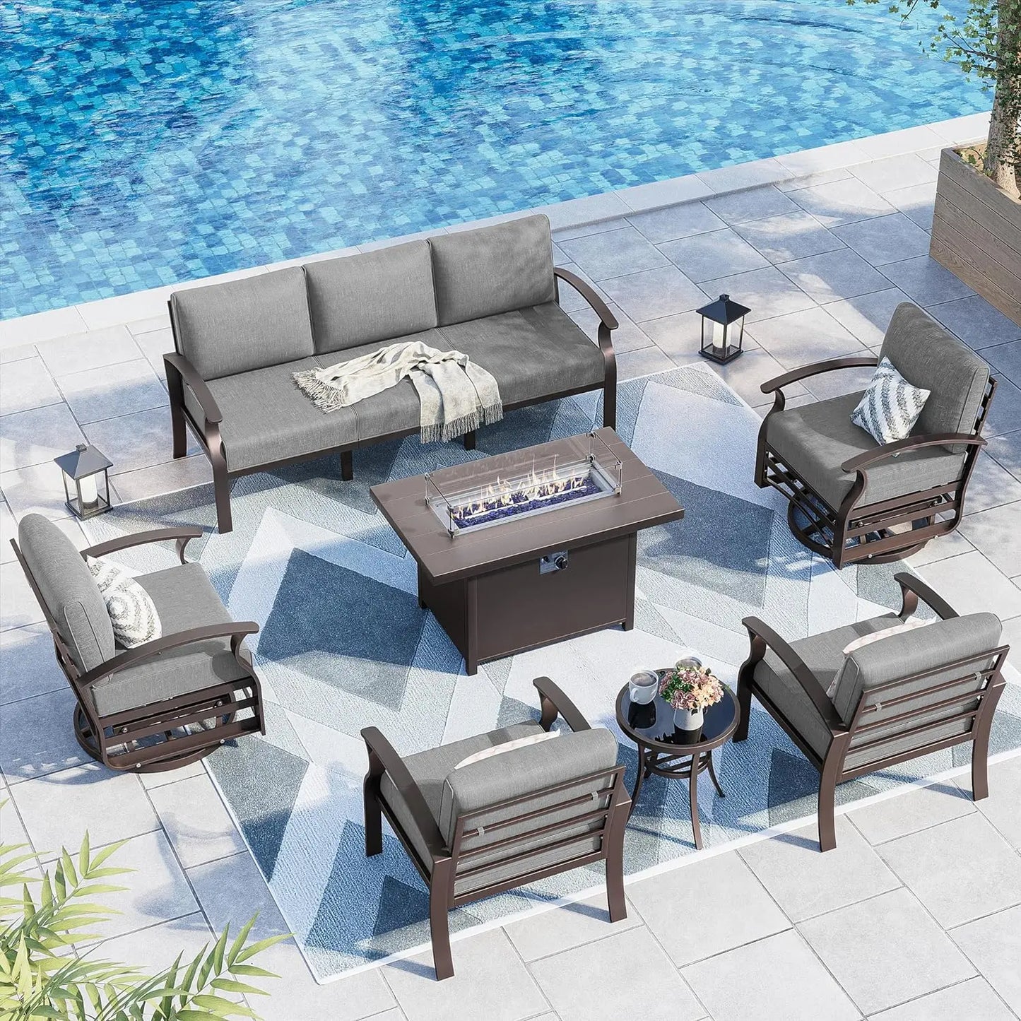 Aluminum Patio Furniture Set 7 Seater Modern Metal Outdoor Conversation Set, Swivel Chair Terrace Sectional Sofa, 5.1" Cushions