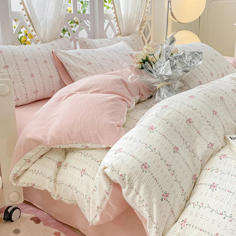 Juego de cama romántico con diseño floral, sábanas planas y fundas de almohada de color rosa, ropa de cama tamaño queen y twin, funda de edredón de princesa para niñas, sin relleno