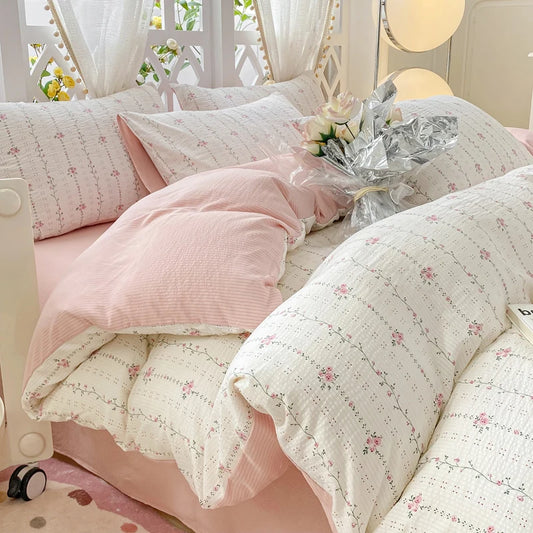 Romantic Floral Bedding Set Bed Pink Flat Sheet Pillowcase Twin Full Queen Size Bed Linen Princess Girls Duvet Cover No Filling