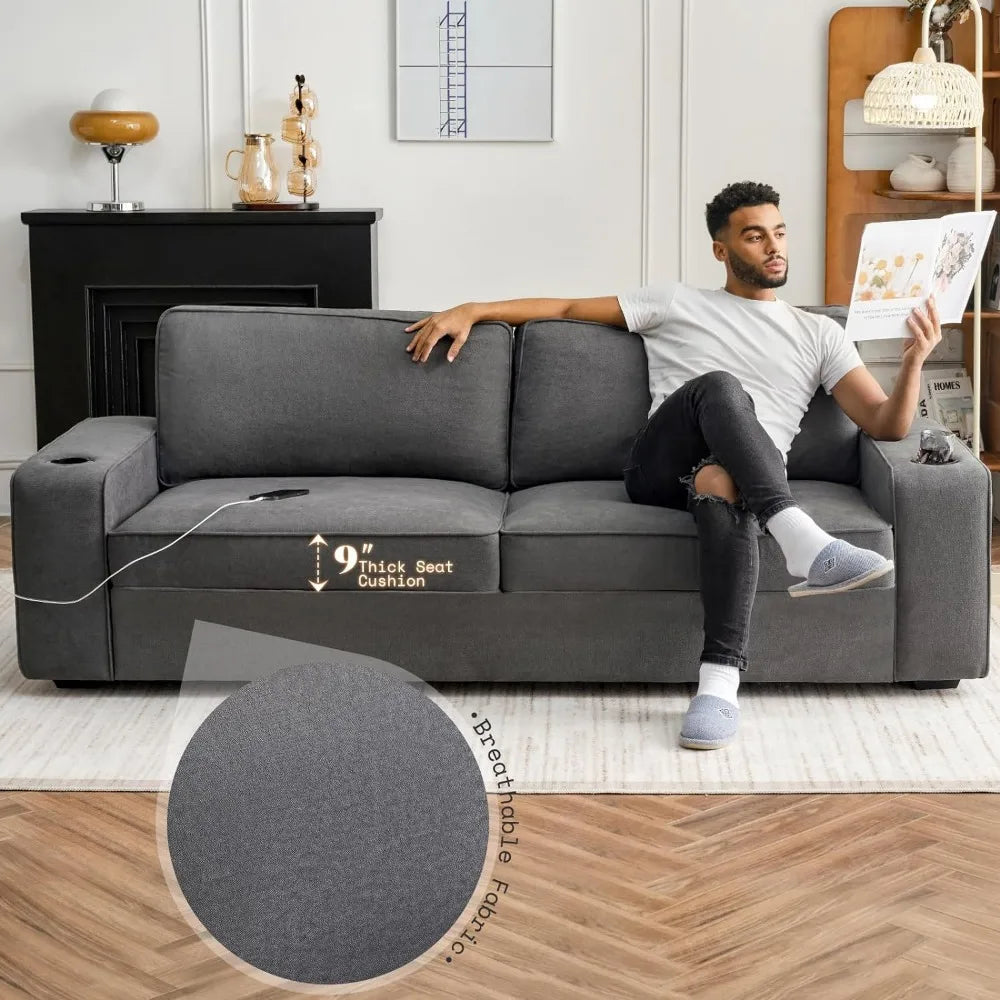 Modern Sofas for Living Room,89 inch Couch, 3-Seater Deep Seat Sofa with USB Charging Ports & Cup Holders,Charcoal Grey Chenille