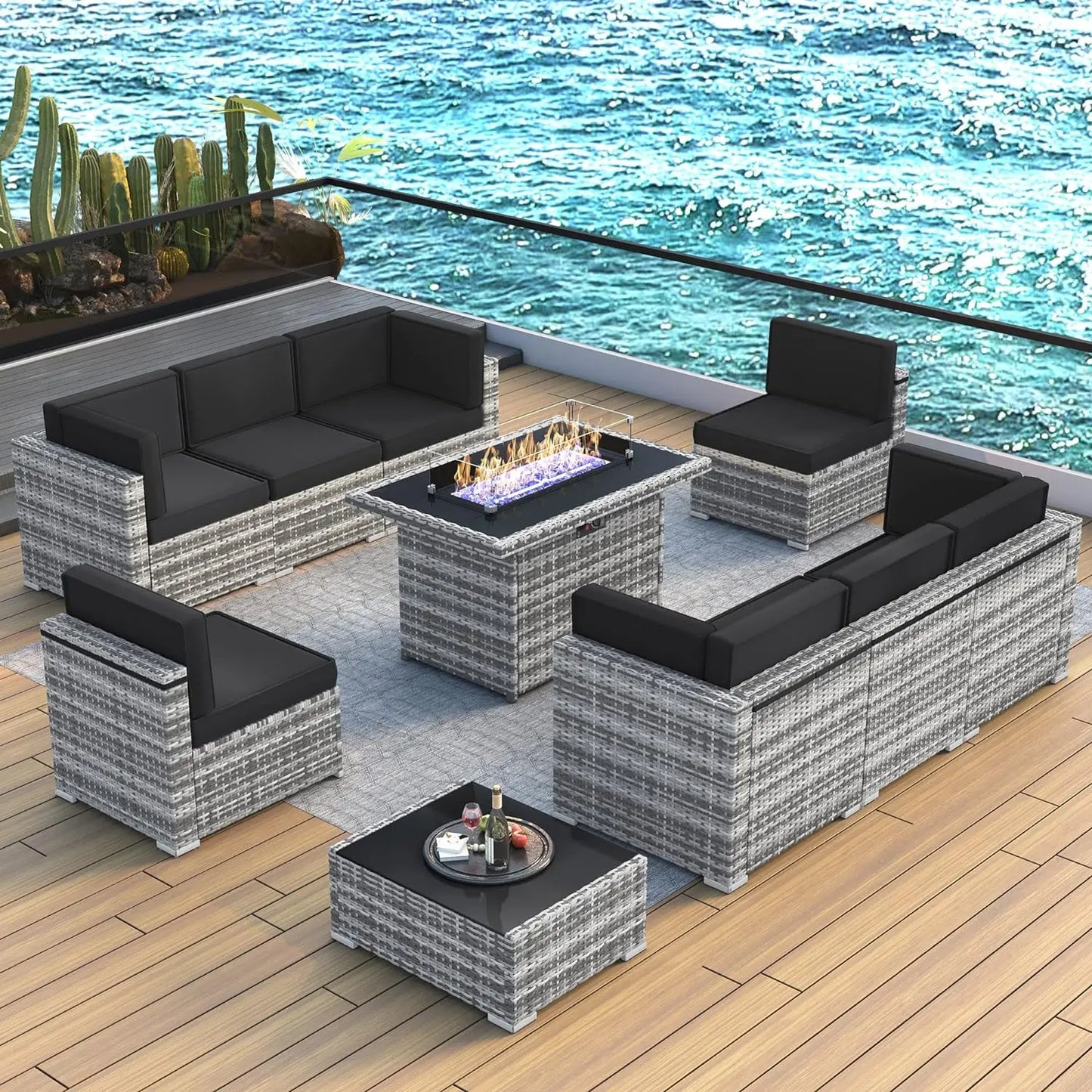 8 Piece Patio Furniture Set with 44" Propane Gas Fire Pit Table, Set Wicker Rattan Sofa Set and Coffee Table Rattan Möbel