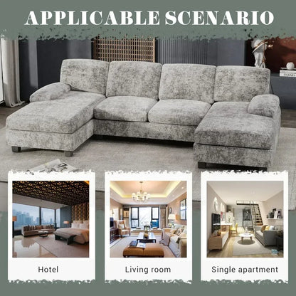 Convertible Sectional Sofa Couch, 4 Seat Sofa Set for Living Room U-Shaped Modern Fabric Modular Sleeper w/Double Chaise