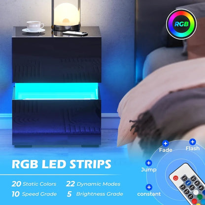 Juego de 2 mesitas de noche con luz LED, armario de almacenamiento, mesita de noche con cajón de alto brillo, muebles para uso en el dormitorio