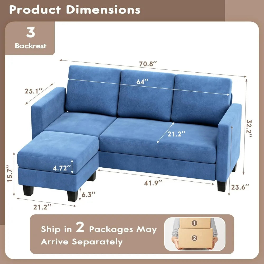 3 Seat L-Shaped Sofa With Linen Fabric Sectional Sofa Couch Movable Ottoman Small Couch for Small Apartments Living Room Home