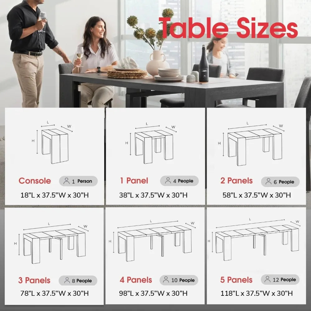 Mesa de comedor para 2 a 12 personas, mesa de comedor extensible de madera, 6 colores (negro, solo mesa), 118 x 37,5 x 30 pulgadas