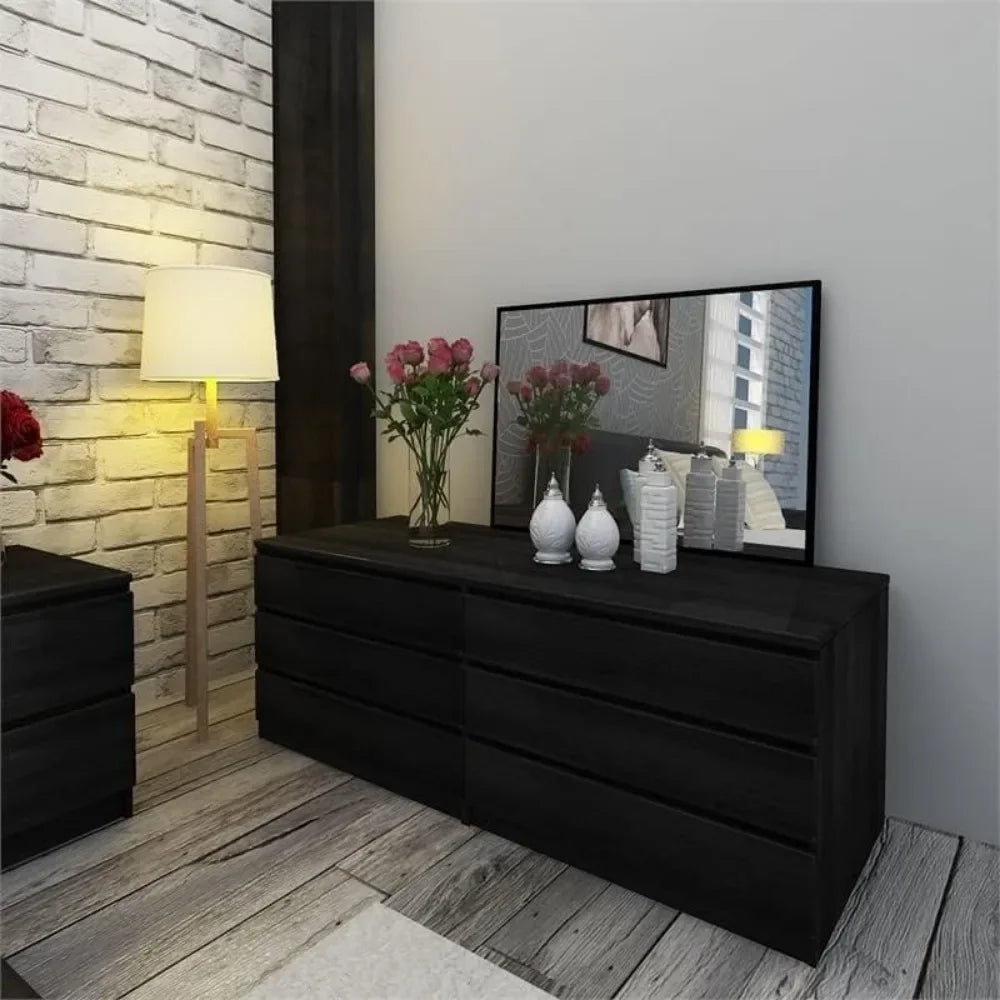 3 Piece Bedroom Set with 6 Drawer Double Dresser and Two 2 Drawer Nightstands in Black Woodgrain