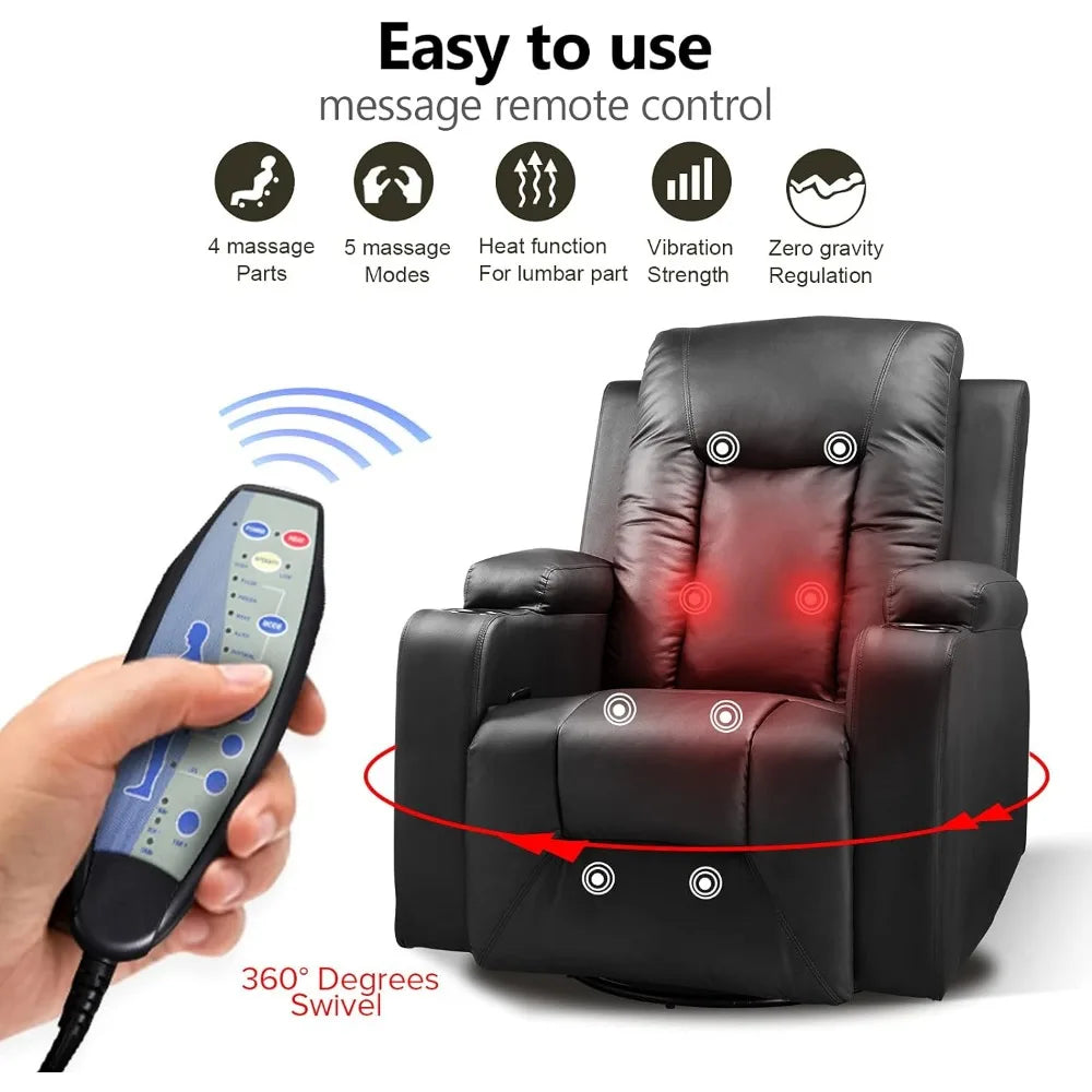 Leather Recliner Chair Rocker with Heated Massage Ergonomic Lounge 360 Degree Swivel Single Sofa Seat Drink Holders Living Room