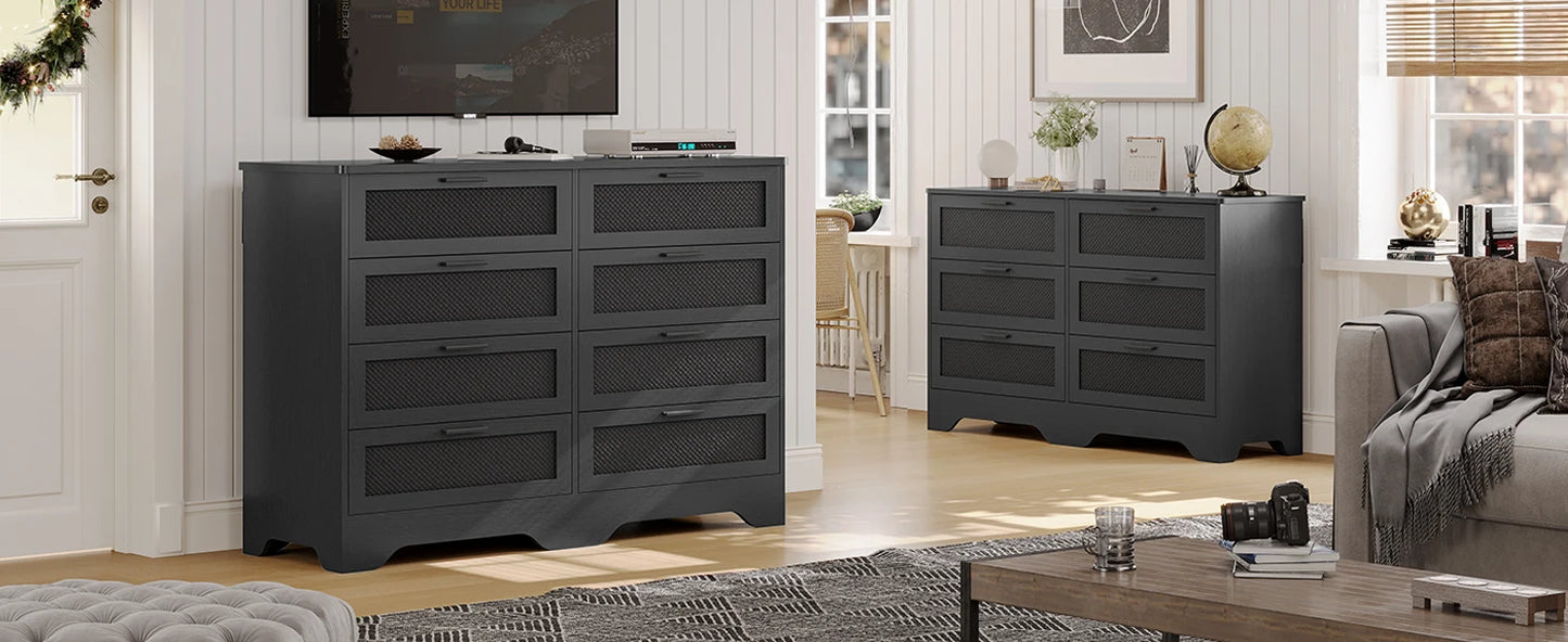 Commode noire pour chambre à coucher, commode longue moderne à 8 tiroirs avec design en cuir tressé, commode de rangement en bois de grande capacité