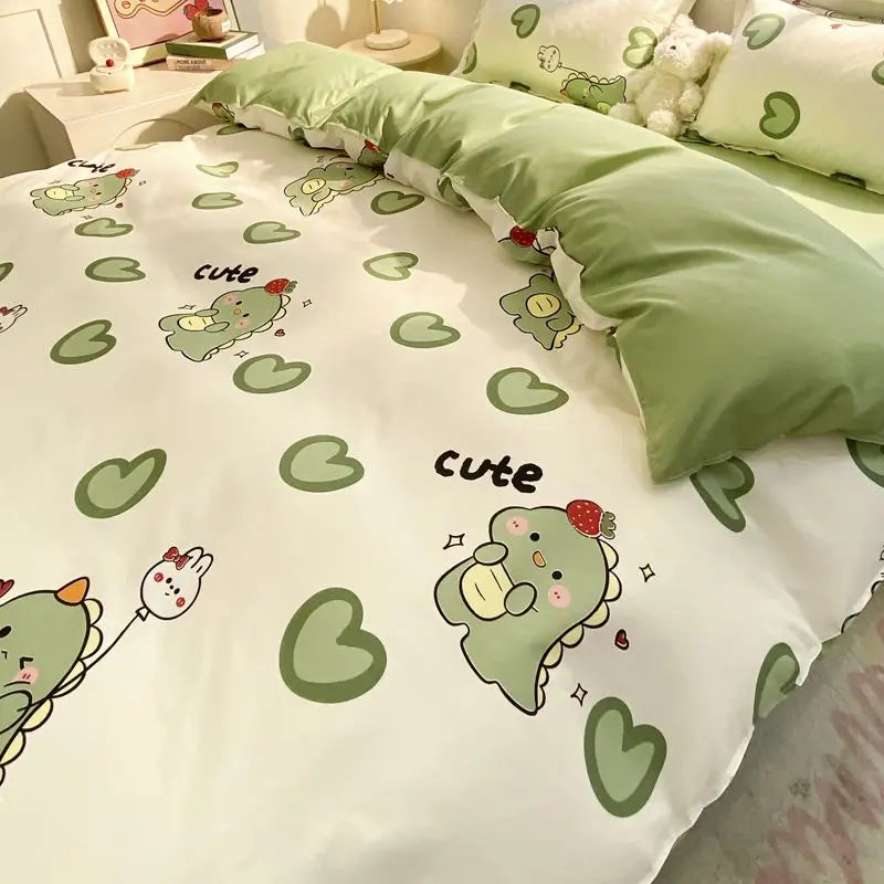 Cute Dinosaur Bedding Set Hot Sale Ins Single Queen Size Duvet Cover No Filler Flat Sheet Pillowcase Home Hotel Bed Linens