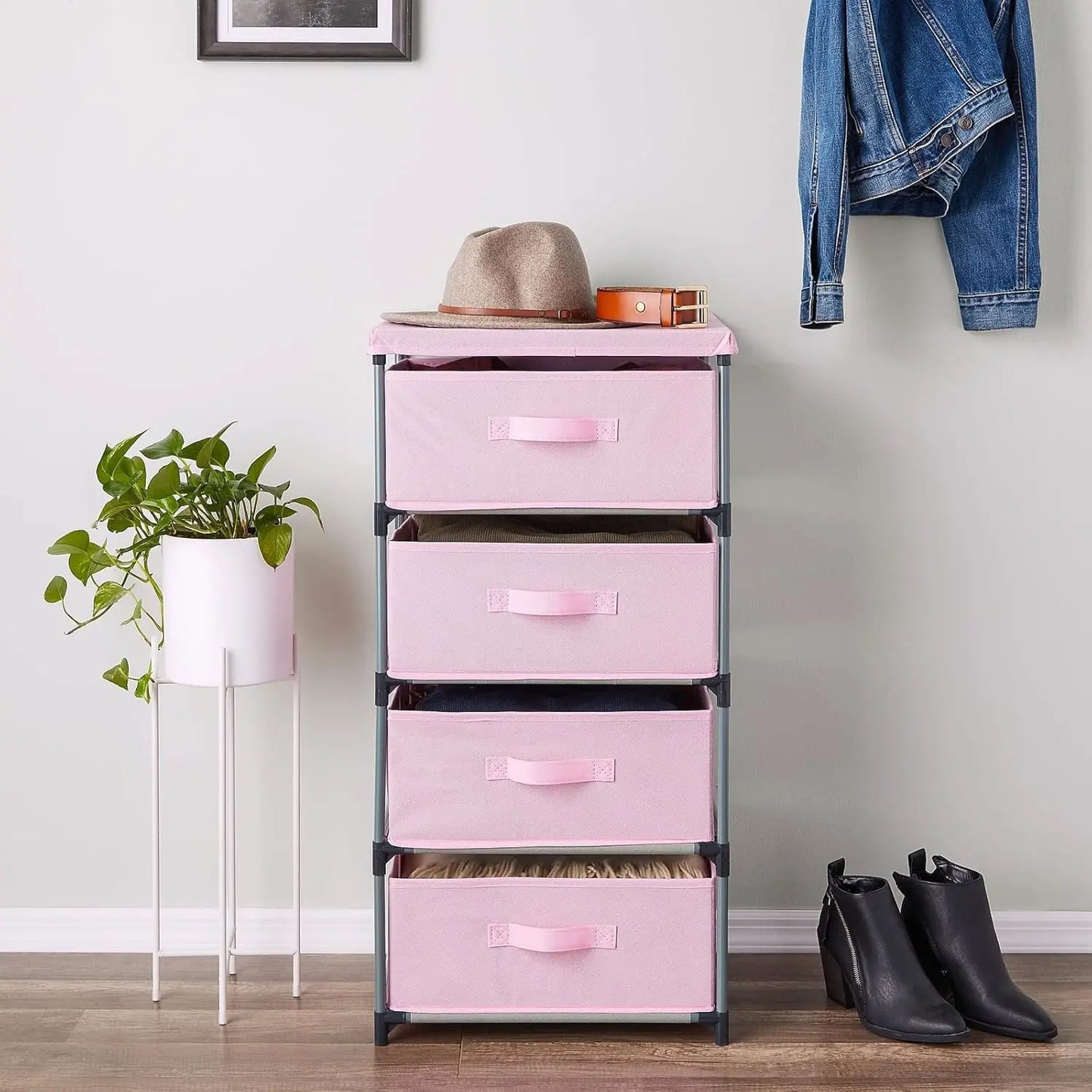 Commode haute à 4 niveaux avec tiroirs Juvale - Organisateur de vêtements et petit rangement en tissu pour chambre à coucher (rose)