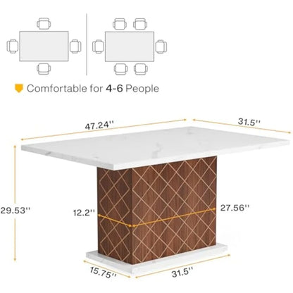 Table à manger de 47 pouces pour 2 à 4 personnes, table de cuisine moderne, petite table à manger rectangulaire avec plateau en faux marbre et base en bois