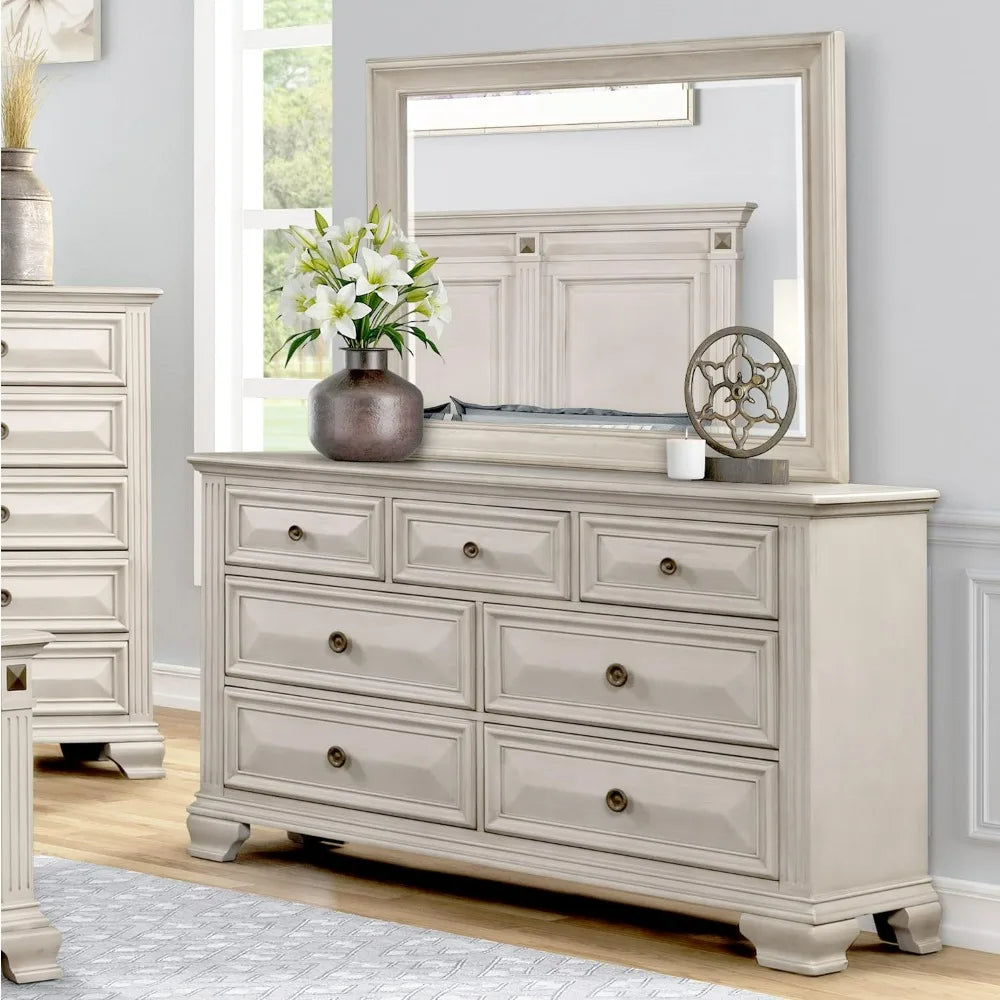 7-Drawer Dresser with Mirror, Renova Distressed Parchment Wood Bedroom Collection,for Living Room ,bedroom