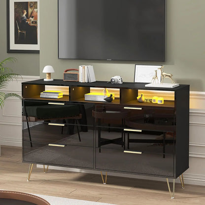 Black Dresser for Bedroom with LED Lights, 6 Drawer with Gold Legs, High Gloss Modern Wood & Chests of Drawers for Living Room