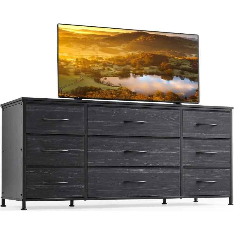 Commode TV avec tiroirs, centre de divertissement avec 9 tiroirs, table console multimédia pour console TV 60 '' pour chambre à coucher, robuste