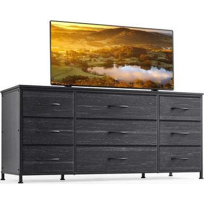 Commode TV avec tiroirs, centre de divertissement avec 9 tiroirs, table console multimédia pour console TV 60 '' pour chambre à coucher, robuste