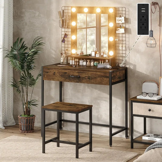 Ensemble de commodes avec lumières LED et miroir, tiroir et station de charge, coiffeuse avec tabouret pour chambre à coucher, commodes