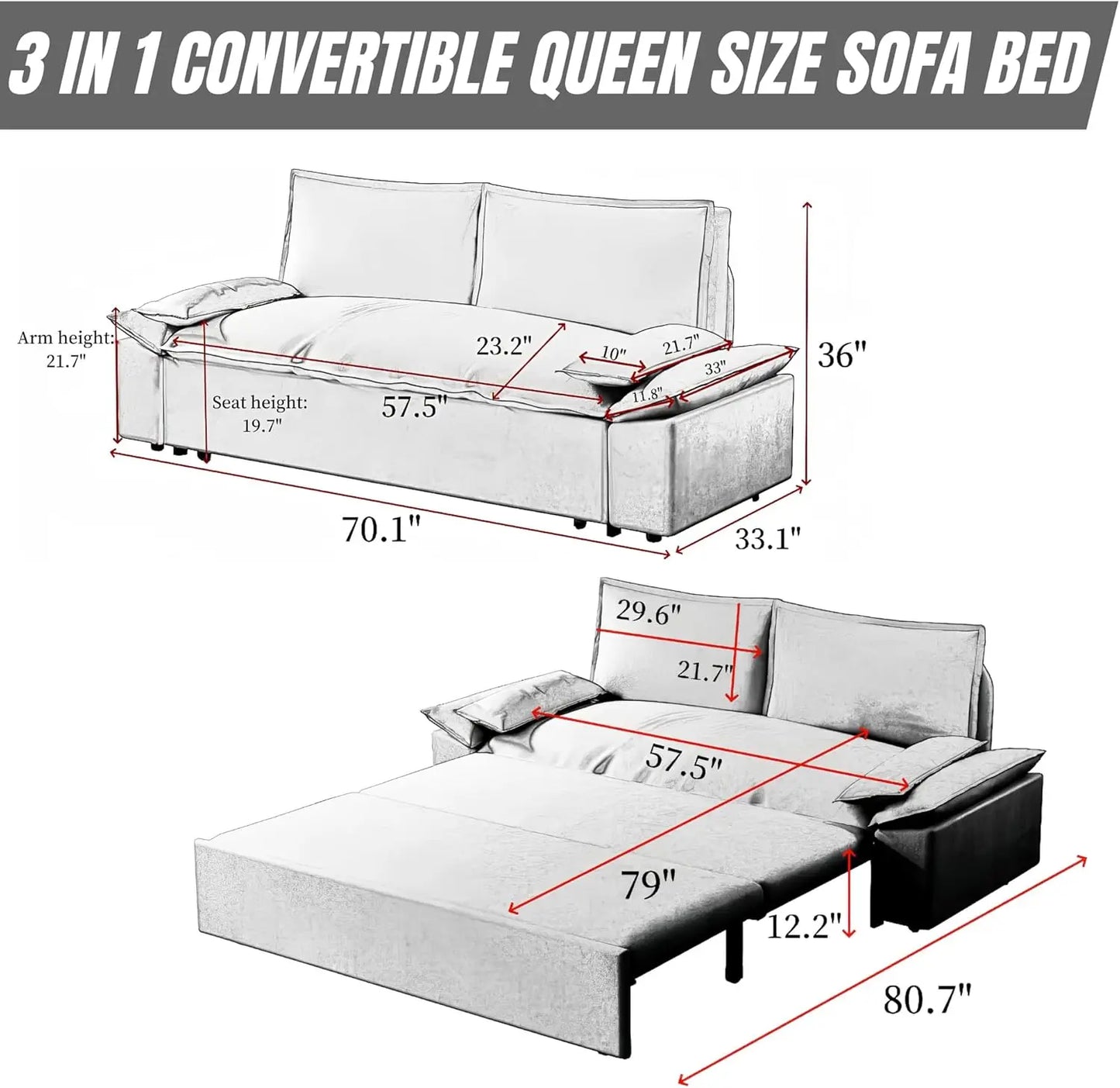 Sofá cama convertible 3 en 1 multifuncional, cómodo sofá cama extraíble de 70,1 pulgadas, moderno sofá cama tipo futón de terciopelo