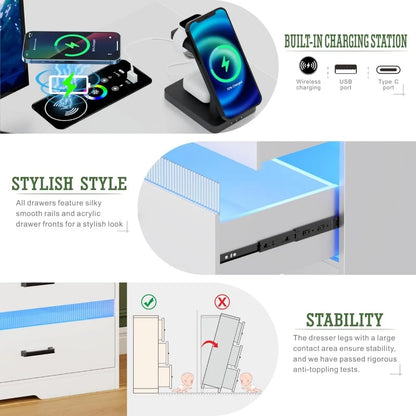 7 Drawers Dresser for Bedroom, Large Chest of Drawers with LED Light, Modern Dresser with USB & Type-c Charging Ports