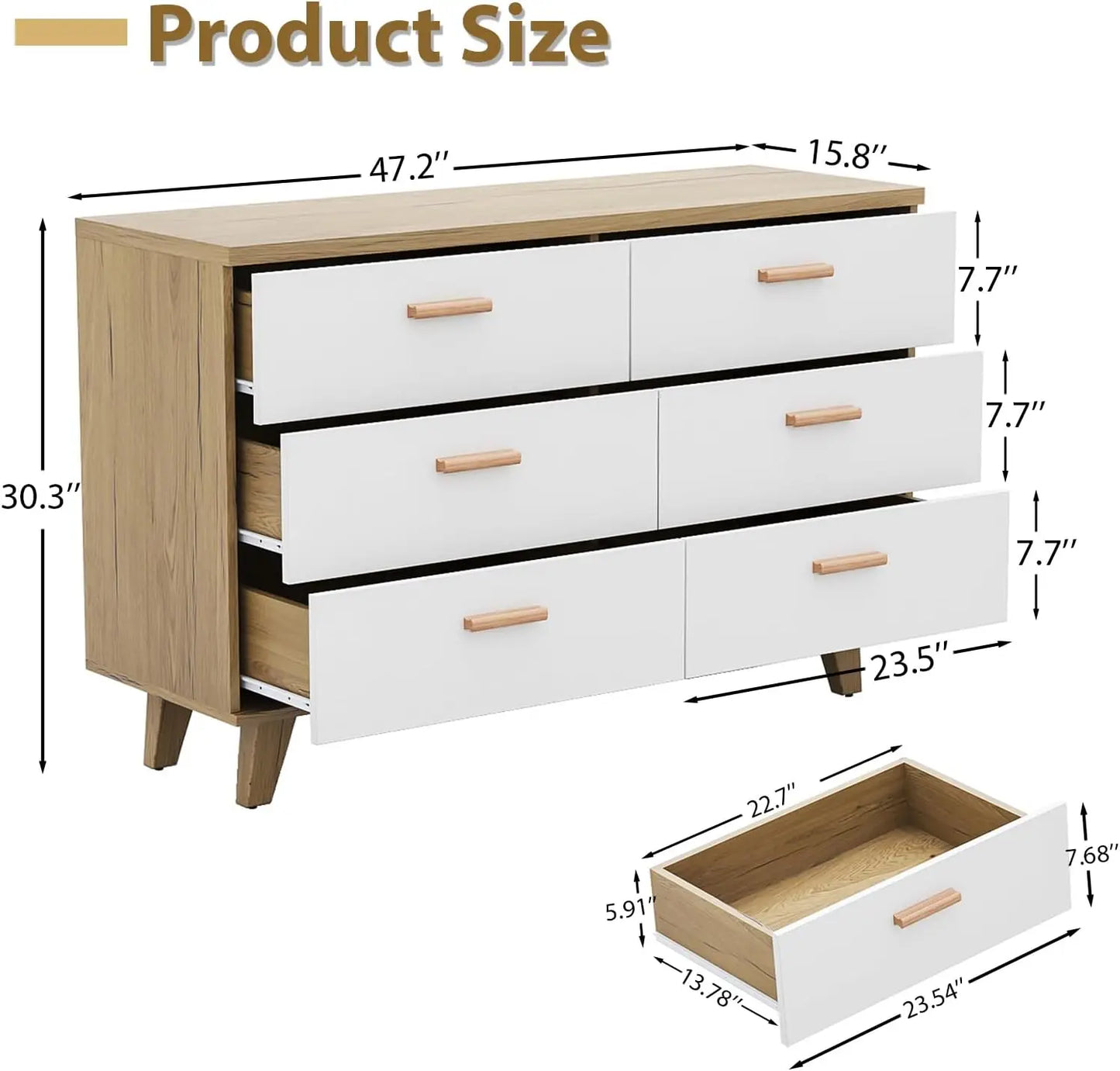 6 Drawer White Wide Dresser, Wood Storage Organizer , Modern Drawer Chest for Nursery, Living Room, Hallway, Kids Bedroom