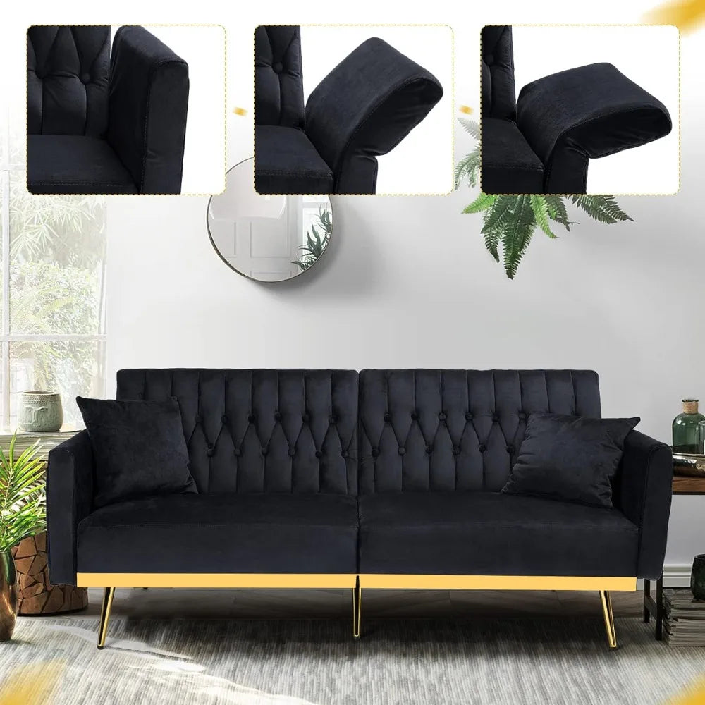 Velvet Futon Sofa Bed with 2 Pillows and Adjustable Armrests, Convertible Sleeper Bed, Sofa