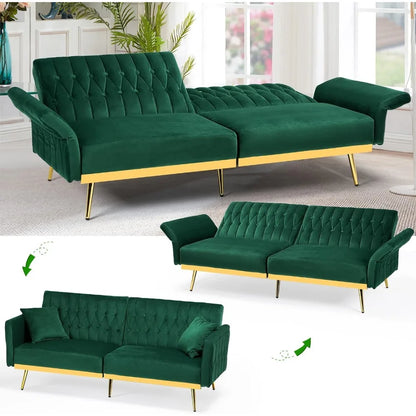 Canapé-lit futon en velours de 70 po avec dossiers et accoudoirs réglables, canapé-lit futon convertible avec deux oreillers, lit-lit capitonné