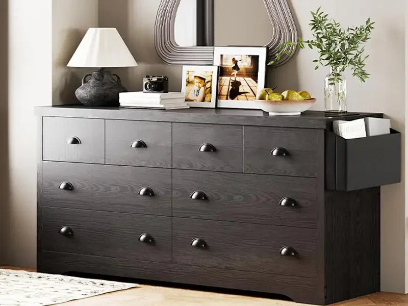 Dresser 8 Drawer, Modern Wood Bedroom Dresser with with Charging Station and Storage Bag, Storage Chest of Drawers for Living