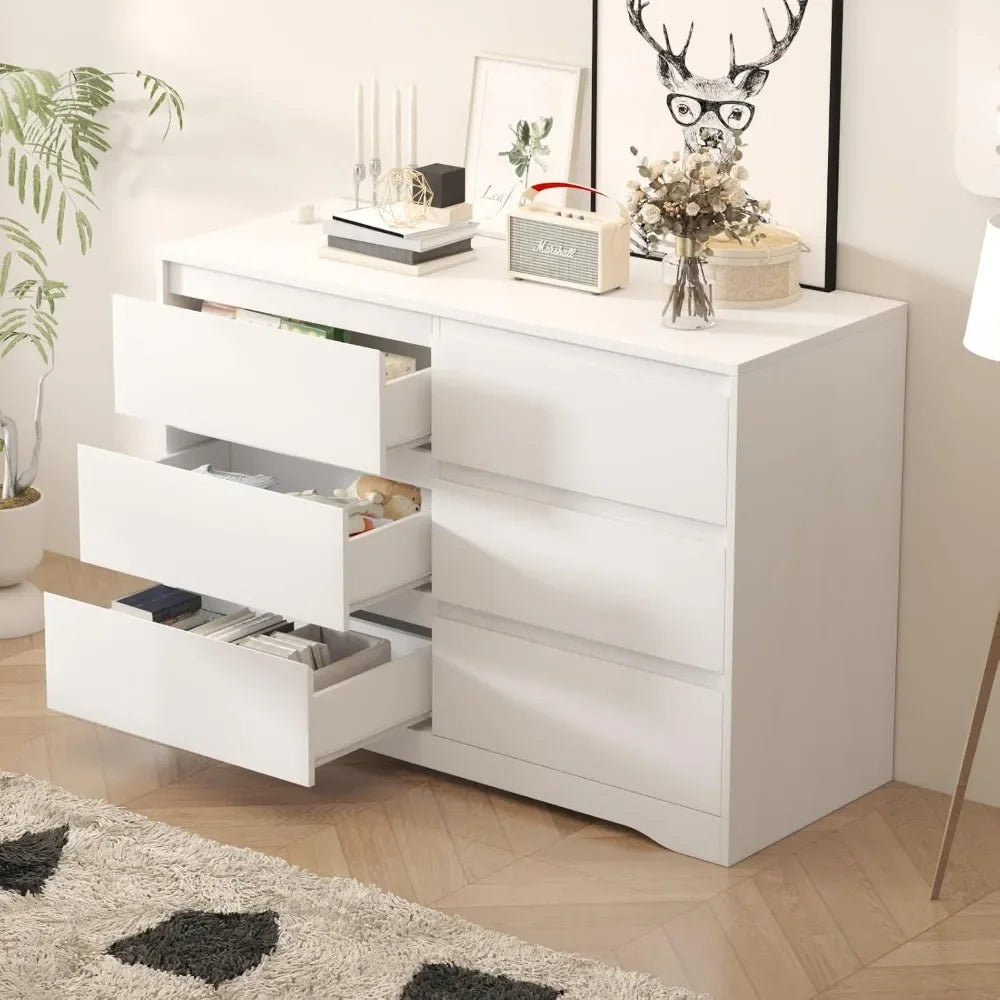 Cómoda blanca con cajones profundos, cómoda moderna de 6 cajones para dormitorio, cómoda grande de madera para dormitorio