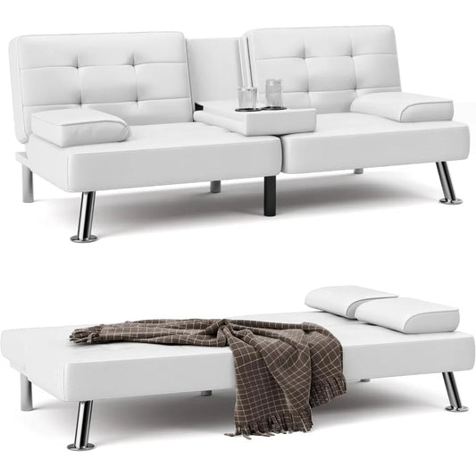 Canapé-lit futon convertible pliable pour salon, canapé-lit rembourré en similicuir avec accoudoirs amovibles, blanc