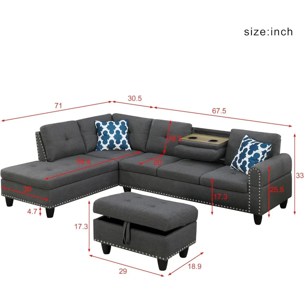 Living Room Sofa Set, 98-Inch L-Shaped Couch with Storage, Left Facing Chaise, 2 Cup Holders, 2 Throw Pillows, Dark Gray