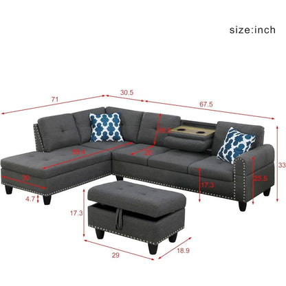 Living Room Sofa Set, 98-Inch L-Shaped Couch with Storage, Left Facing Chaise, 2 Cup Holders, 2 Throw Pillows, Dark Gray