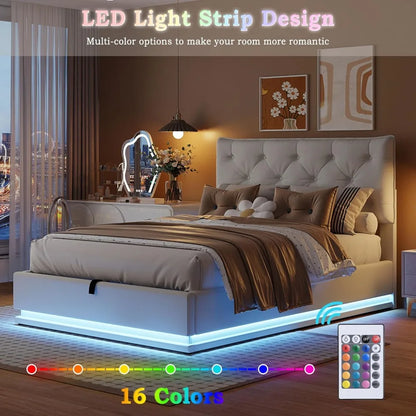 Cama, cama tapizada de tamaño completo con sistema de almacenamiento hidráulico y luz LED, cama de plataforma moderna con botones78.7"L x 65W x 45.3"H